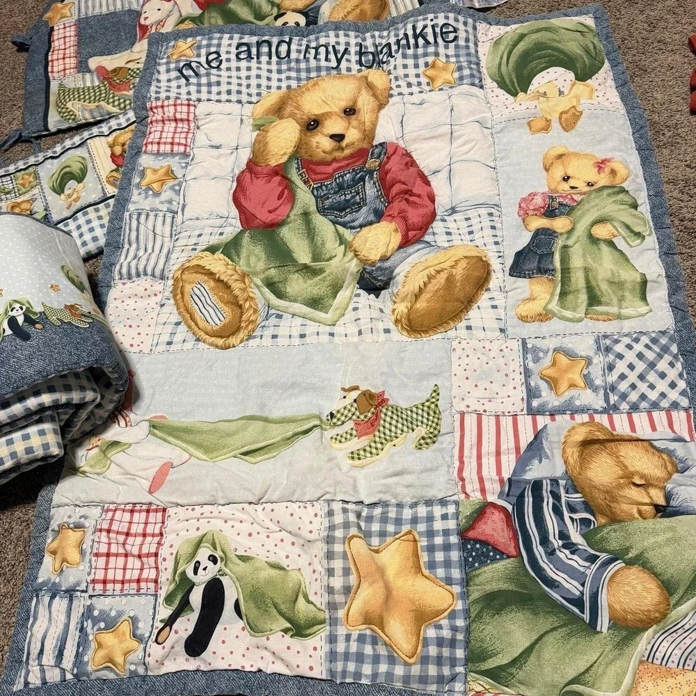 Blue Jean Teddy Baby Crib Bedding Set Quilt Vintage 4 PC